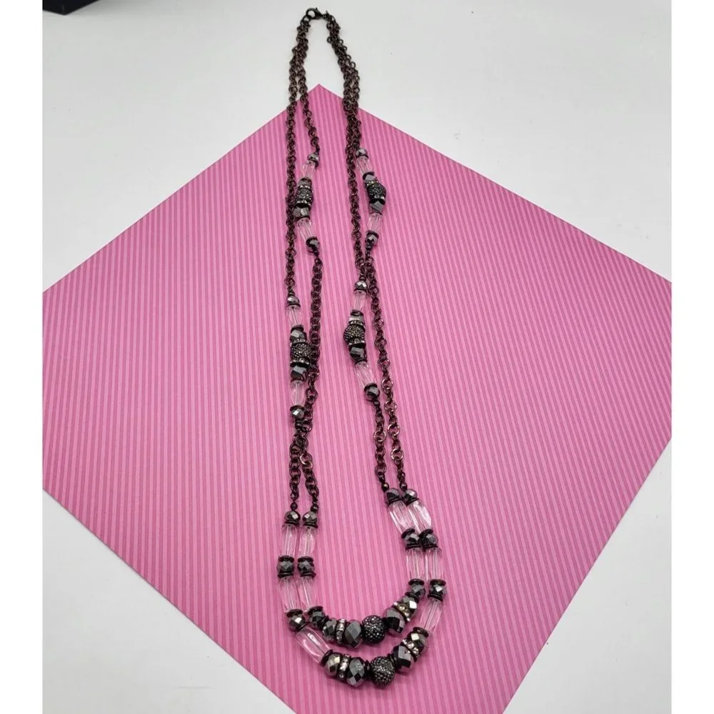 INC Intl Concepts Metal Necklace Gunmetal Silver Clear Rhinestone Faceted Beads